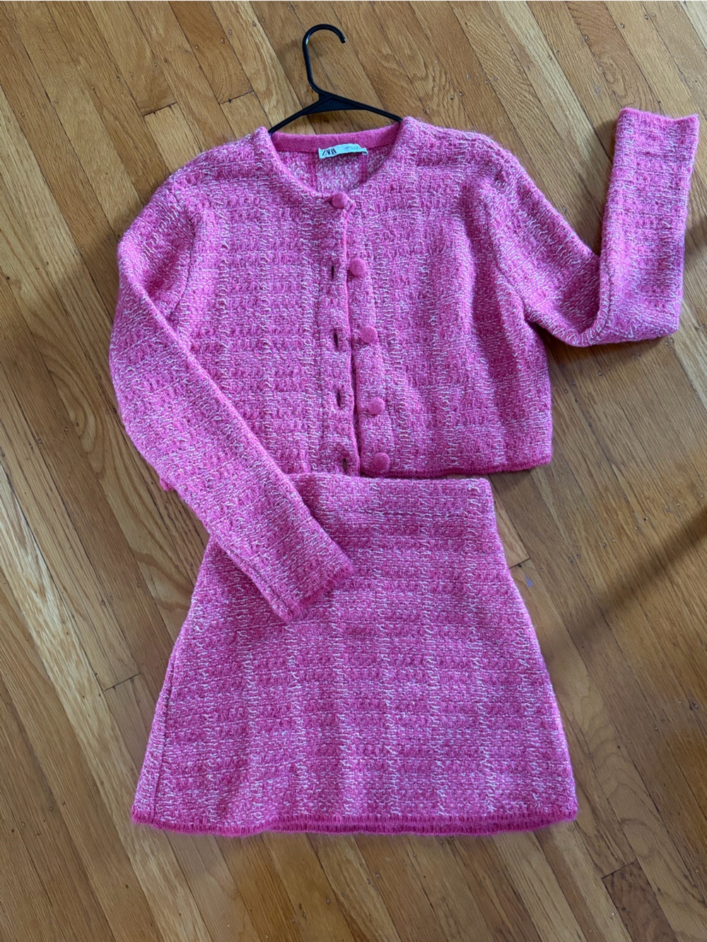 Zara Pink Textured Cropped Cardigan Sweater with matching Skirt